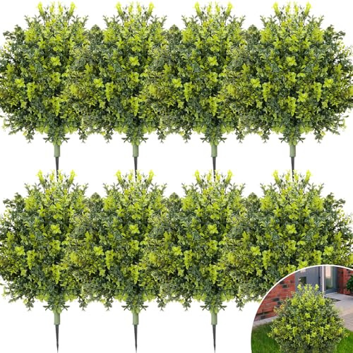 CroBlissful 8 Pack Artificial Boxwood Topiary Ball 24'' Faux Boxwood Tree with Ground Spike UV Resistant Evergreen Bush Fake Outdoor Plants for Front Door Porch Garden Yard Wedding Indoor Decor