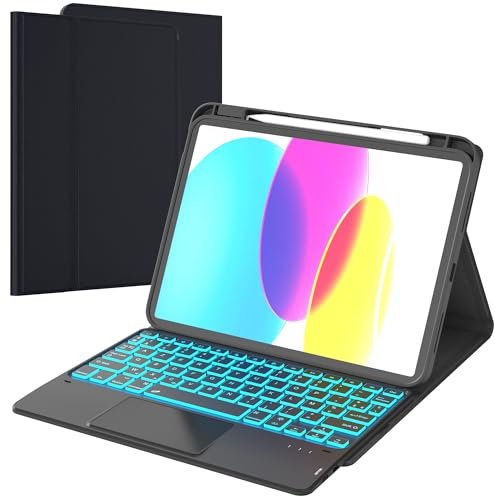 VANKEYPAD Étui Clavier pour iPad (A16) 11ème Génération 11 2025, iPad 10ème Génération 10.9 2022-7 Couleurs Rétroéclairées avec Pavé Tactile Rechargeable AZERTY Français Clavier, Noir