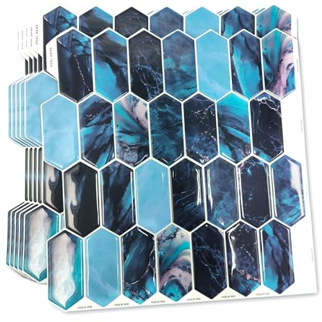 WALPLUS 6 Sheets Blue Hexagon Honeycomb 3D Tile Stickers 30.5cm Peel and Stick Backsplash Transfers Waterproof Wall Décor for Kitchen Bathroom