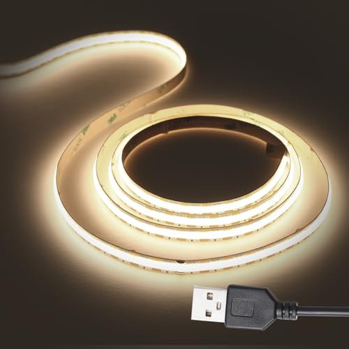 HCHEOG USB LED Light Strip 1.5M COB Led Strip Lights 5V Natural White 4000K 320LEDs/M CRI 90+ Flexible TV Led Lights USB Powered 1.5M for Display Cabinet,Home DIY Lighting Room Decor led Lights