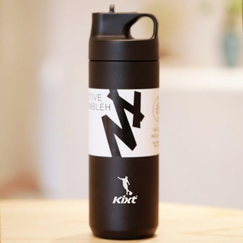 KIXT Double-Walled Vacuum Insulated Stainless Steel Bottle 550ml with Straw Lid Handel | Sports Travel Gym Water Bottles Coffee Cup Travel Mug Football Waterbottle Winter Water Bottle (Black)