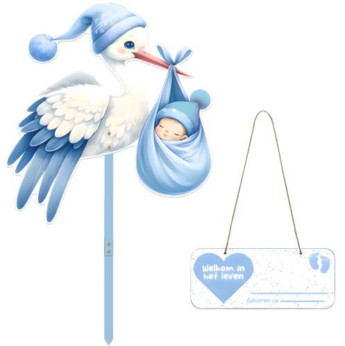 Kazaigou Storch Geburt für Draussen, Willkommen Zuhause Baby Storch, Willkommen Baby Wilkommensdeko Zuhause Baby, Storch Baby Holz Willkommen Baby Deko für Draussen & Drinnen(Blau)