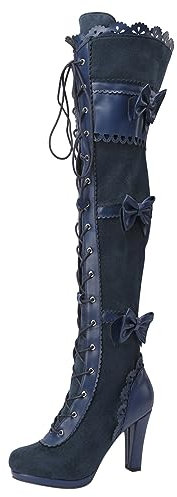 Stiefel Damen, Damen Langschaft Stiefel Sexy Overknee Stiefel Mit Klobigem Absatz Damen Modische Oberschenkelhohe Stiefel Zum Schnüren Mit Schleife Geeignet Für Party Abschlussball Hochzeit