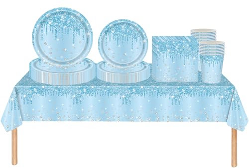 69pcs Baby Blue Shiny Glitter Diamond Party Tableware Set Plastic Tablecloth,Paper Plates Napkins and Cups Disposable Dinnerware Set for Boys Birthday,Baby Shower Xmas Frozen Blue Party Decorations