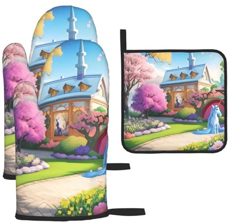 Einhorn-Märchen-Kochhandschuhe für Küche und Outdoor, Grillen, Ofenhandschuhe und Topflappen, 3-teiliges Set