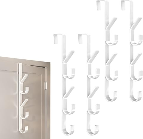 AUTUUCKEE Over Door Hanger, 4 Packs Over Door Hooks, Vertical Overdoor Coats Hanger Hook with 5 Hooks, Stainless Steel Door Hanger for Towel Clothes Hats Bags, Space Saving(White)