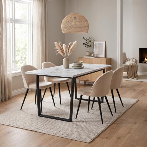 Tisch mit 4 Stühlen Set - Tilst Skagen 90x160 cm Oberfläche Weiß Marmoroptik Bezug Beige Velours rechteckig skandinavisch modern zeitlos funktional Design elegant Wohnküche Esszimmer Sitzgruppe