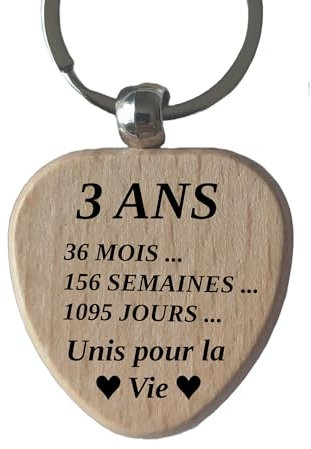 Porte-Clés en Bois Personnalisé Petit Cadeau pour Anniversaire de Mariage ou Anniversaire de Couple (3 ans)