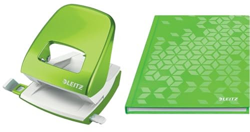 Leitz WOW Set Büro Locher aus Metall + Notizbuch A5 kariert, 160 Seiten, 80 Blatt, Locher für 30 Blatt, Anschlagschiene mit Formatvorgaben, Ergonomisches Design, Grün, 50081054 + 46281054