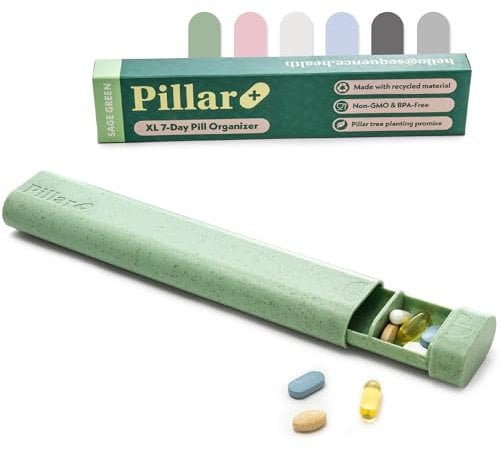 Pillar Plus - XL 7 Day Pill Box Organiser | BPA-Free Wheat Straw Pill Organiser | Beautiful Tablet Organiser for Travel and Home (Sage Green)