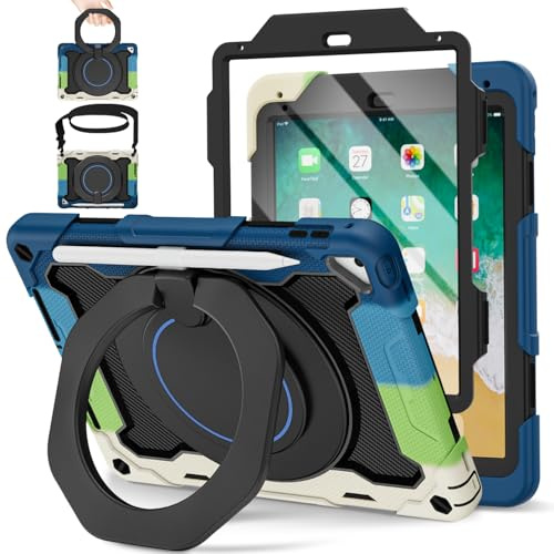 ROISKIN Hülle für iPad 6./5. Generation 9.7 Zoll 2018/2017 & iPad Air 2 | mit Displayschutz,Drehbarer Ständer,Schultergurt,Stifthalter,Heavy Duty Stoßfeste Kinder Hülle für iPad Pro 9.7, Schwarz-Blau