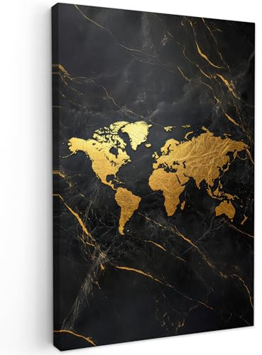MuchoWow© Bilder Groß 80x120 cm XXL Wohnzimmer Deko Modern Wandbild Kunstdruck auf Leinwand Bild Schlafzimmer über Bett Room Decor Geschenke Weltkarte - Gold - Marmor