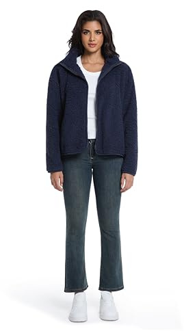 HYGLuosie Sherpa Fleece Full-Zip Oversized Jacket, Plush Teddy Coat with Stand Collar for Women, Blue, Medium