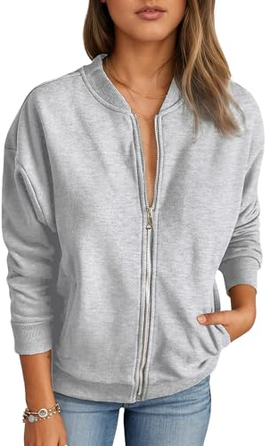 Timuspo Zipper Sweatshirt Damen Casual Sweatjacke Übergangsjacke Frühling Herbst Blouson Jacke mit College-Kragen Outwear Einfarbige Bomberjacke