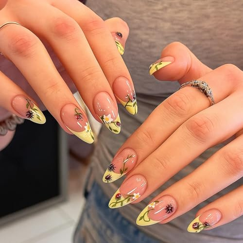 Ladybug Garden Floral Press On Nails Short Almond Shape Fake Nails with Hand-Painted 3D Designs - Spring & Elegant Long-Lasting Wear Stick On French Tip Square Wraps Acrylic Pack Manicure Kit