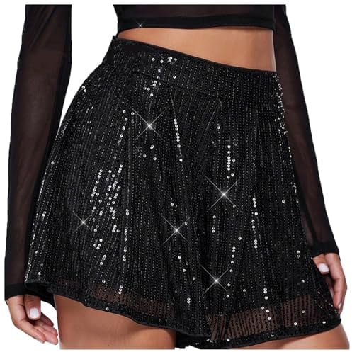 Glitzer Pailletten Shorts Damen Party Kurz Hose Sexy Hohe Taille Sparkle Glänzernd Rock for Karneval Kostüm Tanz Rave Outfit Paillettenhose Y2K Streetwear Glitzerrock Festival Hotpants Faschingskostüm