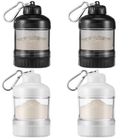4Pcs Protein Powder Container, 50g Portable Proteins Powder Storage Container with Keychain and Supplements Compartment, Airtight Formula Containers for Protein Shake, Whey Powders, Capsule and Tablet