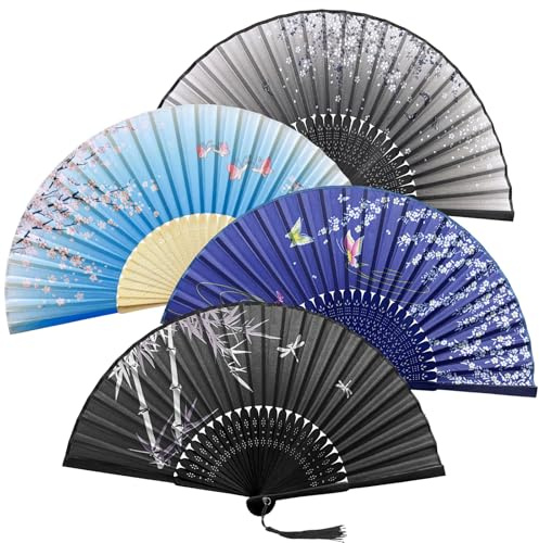 Jerhyun 4-Piece Hand Fan Folding Set, Paper Fans Handheld with Flower & Butterfly Design, for Weddings, Parties, Photos, Dancing, Wall Decor DIY Gifts(4 pieces)