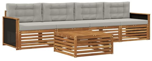 vidaXL Outdoor-Sofagarnitur mit Kissen 5 pcs Natürlich und Hellgrau, Gartenmöbel, Moderne Sitzgruppe, L-förmiges Sofa für Terrasse, relaxen im Lounge-Stil