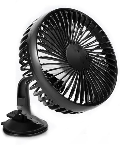 Xiexieni Auto Ventilator 12V, Stufenlos einstellbarer Kühlluftventilator mit Saugnapf und Stuhllehnenhalterung, 360° Drehbar, Leiser Sommerlüfter mit USB-Anschluss für Auto, SUV, RV, LKW, Boot