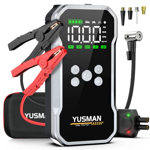 YUSMAN Starthilfe Powerbank mit Kompressor | 8000A Auto Starthilfe für alle Benzinmotoren & 8L Diesel | 160PSI Luftpumpe mit LCD & Multifunktions-Taschenlampe