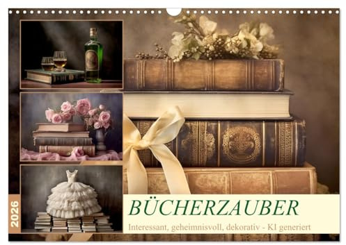 Bücherzauber (Wandkalender 2026 DIN A3 quer), CALVENDO Monatskalender: Dekorativ in Szene gesetzte Bücher - KI generiert (CALVENDO Kunst)