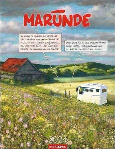 Marunde Kalender 2024. Witziger Cartoon-Posterkalender mit 12 humorvollen Zeichnungen. Kunstvoller Wandkalender 2024 mit Monatskalendarium. 34x44 cm. Hochformat