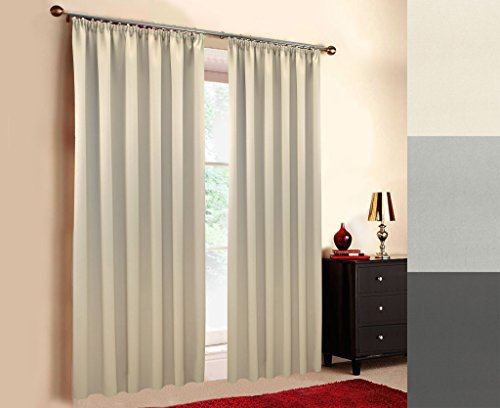 Hochqualitativer schwer entflammbarer Verdunkelungsvorhang nach Maß (M1 und B1 Zertifikat), Kräuselband, Thermovorhang, Vorhang nach Maß, Gardinen nach Maß, Beige (200cm Höhe x 145cm Breite)