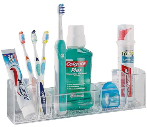 mysmartbuy.com Multi-Compartment Bathroom Organiser - 8 Section Transparent Plastic Caddy Holder for Cosmetics, Toiletries, Toothbrushes, Toothpaste, Mouthwash, Soap - Measures 30 x 7.5 x 8cm