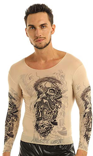 FEESHOW Men's Fake Tattoo Printed Elastic Long Sleeve T-Shirt Undershirt Clubwear Party Costume A One Size