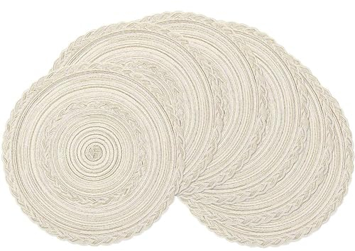 SHACOS 6er Set Tischsets Platzsets Rund, Abwaschbar, Geflochten, Runde Platzdeckchen, Hitzebeständig, Schmutzabweisend, Platzset für Runden Tisch, Küche, Hochzeit, Deko, Milchig Weiß