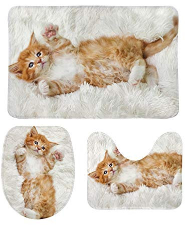 My Daily 3 Piece Bathroom Rug Set Cute Cat Maine Coon Kitty Non-Slip Contour Mat + Toilet Lid Cover + Bath Mat