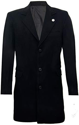 Tru Clothing Mens 3/4 Long Wool Black Crombie Overcoat Jacket Blinders Trench Slim Fit Coat 42