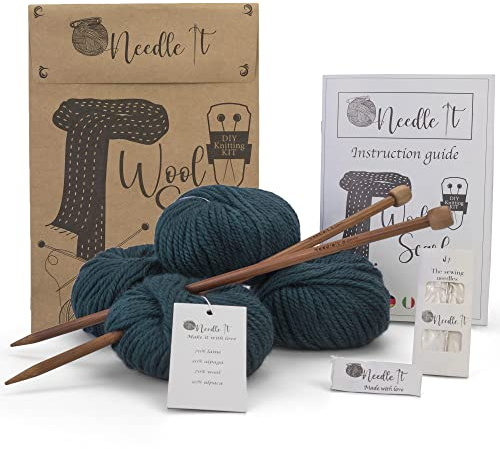 Needle It® - Komplettes Strickset für Anfänger mit Stricknadeln - Strickschal aus Wolle - Geschenkidee (Dunkelgrün)