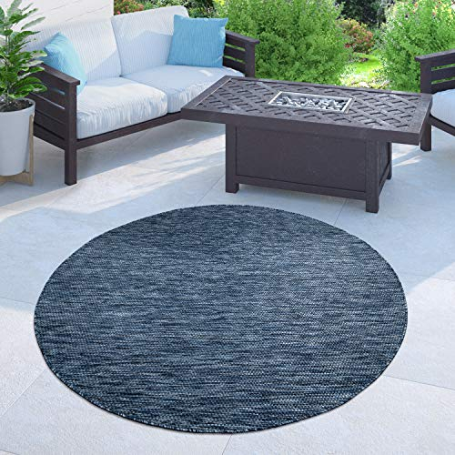 Paco Home Outdoor Teppich Flachgewebe Sisaloptik Modern Einfarbig meliert wetterfest & pflegeleicht Küchenteppich Ideal für Terrasse Balkon Garten, Grösse:80 cm Rund, Farbe:Blau