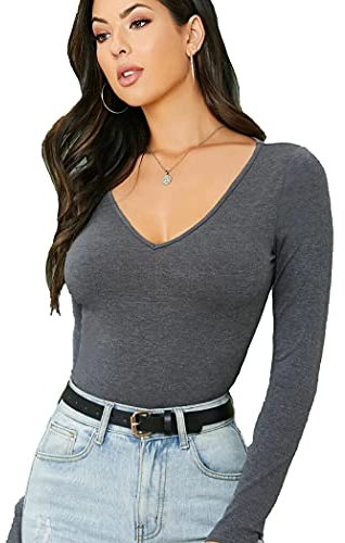 Women's Ladies Long Sleeve V Neck Basic Top Jersey Plain Stretchy Slim Fit Casual Wear T-Shirt Tee Tops 16-18 Charcoal