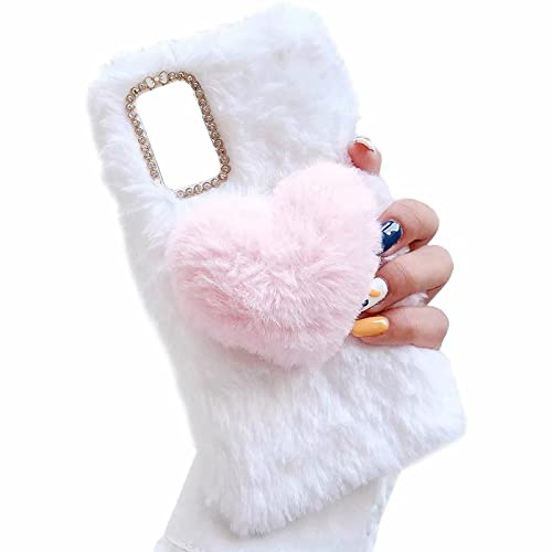 Miagon Plüsch 3D Hülle für Samsung Galaxy S9,Handyhülle Mädchen Flauschige 3D Herz Schutzhülle Silikon Cover Faux Pelz Case,Weiß