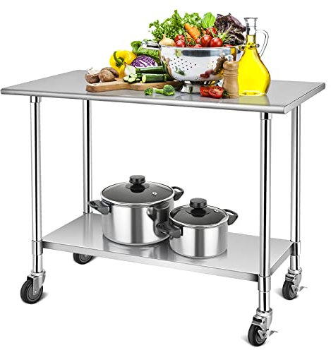 COSTWAY Tavolo da Lavoro in Acciaio Inox 122 x 61 x 90 cm con Ruote, Piano di Lavoro per Preparazione di Alimenti con Ripiano Regolabile, Tavolo da Lavoro Commerciale per Cucina, Ristorante e Hotel