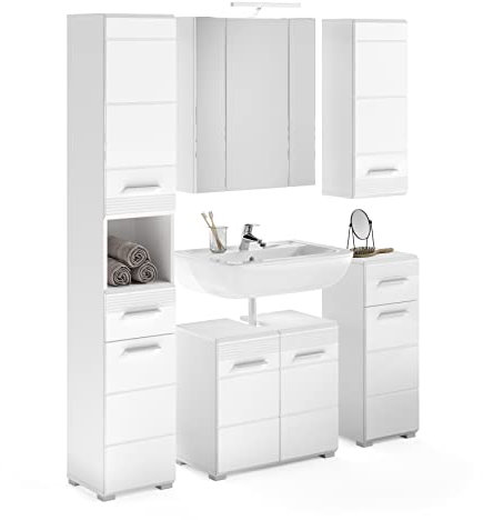 xonox.home Badezimmer Linus 5tlg. Kombination Badmöbel Set kleine Bäder Komplettprogramm Bademöbel-Set in Front weiß Hochglanz Tiefzieh,Korpus weiß inklusive Beleuchtung