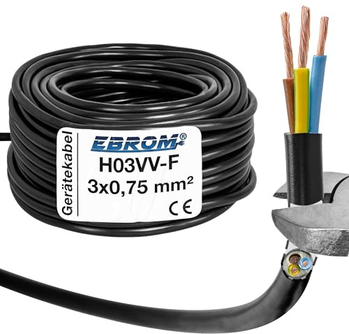 EBROM Tubo flessibile in plastica rotondo, cavo, cavo di alimentazione, cavo, cavo dispositivo H03VV-F 3 x 0,75 mm², colore: nero, molte lunghezze in incrementi di 5 metri fino a 200 metri, 3G0,75