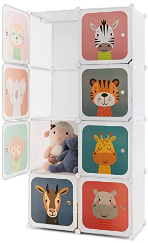 Maxmass 8/12 Cube Children Wardrobe, Portable Kids Clothes Closet with Hanging Sections, DIY Modular Storage Organizer for Nursery, Bedroom, Kindergarten (White Animal, 75 x 37 x 145 cm)