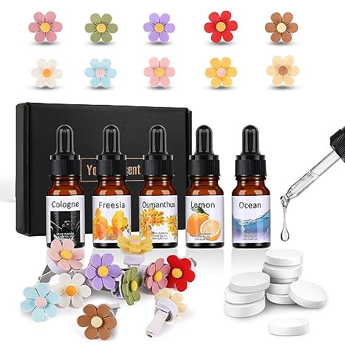 Car Air Fresheners,10 PCS Flower Car Air Vent Clip with 5 Essential Oil Scents and 10 Refill Pad Cute Interior Accessories Decor for Women/Men,Best Gife for Friend