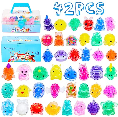 Nuseya 42 STK. Squishy Fidget Toys Mochis Squishy Kawaii Spielzeug für Kinder Squeeze Balls Anti Stress Spielzeug für Mitgebsel Kindergeburtstag Geschenke für Kinder mit Box Keine Duplikate Tiere