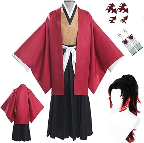 Rcrllya Anime Dämonen-Jägerin Tsugikuni Yoriichi Cosplay Kostüm Kimetsu ohne Yaiba Yoriichi Tsugikuni Cosplay Kostüm Kimono für Männer Damen (S,Tsugikuni Yoriichi Perücke)