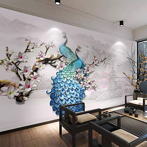 MERVOS Fototapete 3D Tapete gepr?gt blau Pfau Magnolie Blume Wohnzimmer Schlafzimmer Abziehbild Dekoration