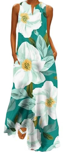 Ocean Plus Femmes Jupe Longue sans Manches Col V Robe Florale Imprimée Maxi Robe sans Manches avec Col en V (XXL, Fleurs Blanches Cyan)