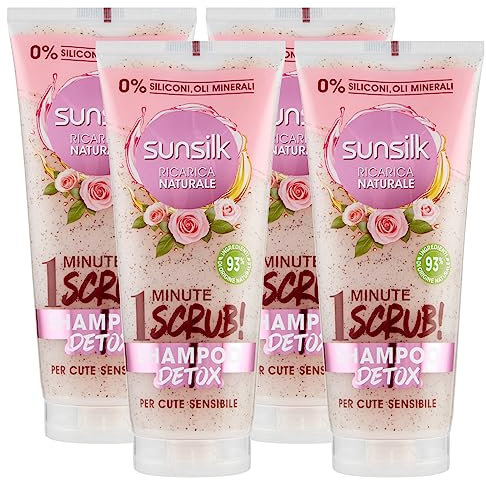 Sunsilk Shampoo Scrub Detox Ricarica Naturale per Cute e Capelli Sensibili con Estratti di Rosa Ingredienti di Origine Naturale Senza Siliconi - 4 Flaconi da 200ml