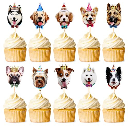 Blumomon 30 Stück Hunde Cupcake Topper, süße Hunde Welpengesichter, Kuchen Deckel, Party Dekorationen für Hunde Welpen Motto Party, Kindergeburtstag, Babyparty, Partyzubehör