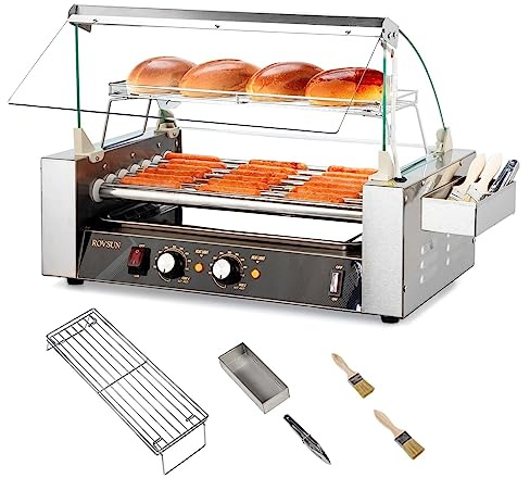 ROVSUN Hot Dog Roller, 18 Hot Dog 7 Rollers ETL Certified, Hot Dog Machine Sausage Grill Cooker with Dual Temp Control, Glass Cover, LED, Side Storage Box, Shelf & Drip Tray for Home Commercial 1050W