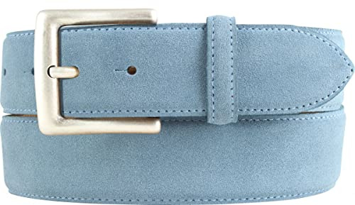 BELTINGER Gürtel aus Veloursleder mit altsilberner Gürtelschnalle 4 cm | Velour-Ledergürtel 40mm | Wildleder-Gürtel alt-silber 4cm | Jeansblau 95cm